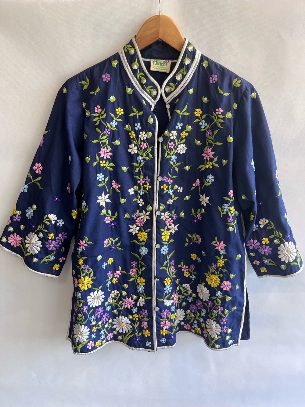 Chuchi Blue Floral Embroidered Kimono Top Jacket Vintage Tunic 70’s Boho